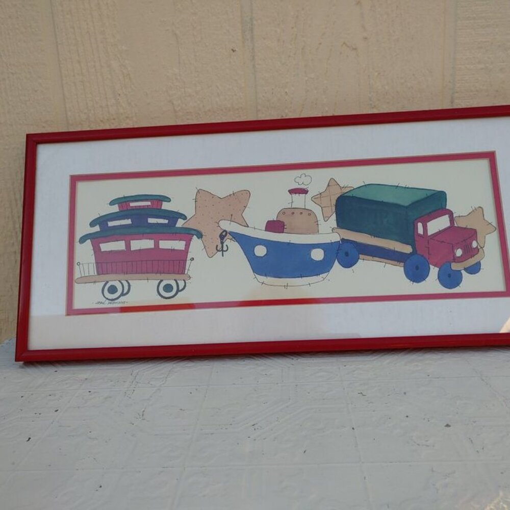 TRAIN By Carol Robinson Matted RED Frame Print 20.5" x 9. PR2-69